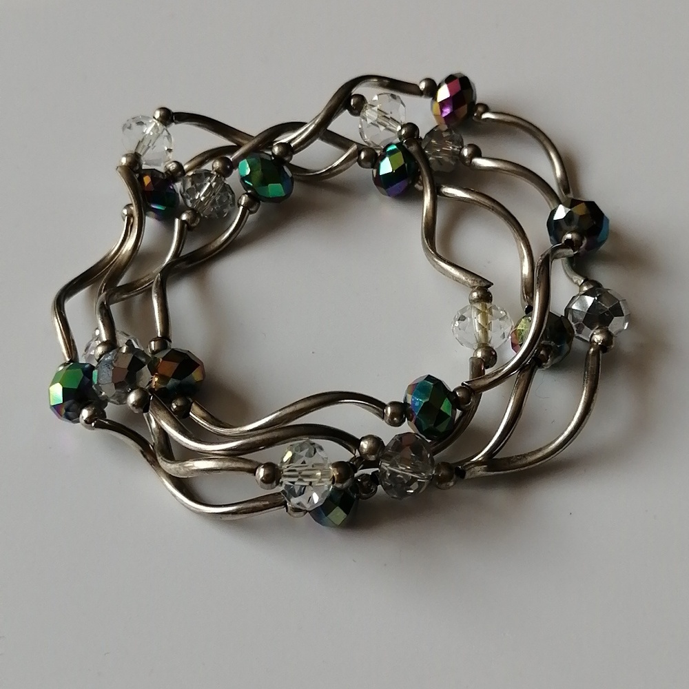 🔥3/$25🔥Artisan Bracelets Wavy  Silvertone Clear Iridescent AB Facet Beads Set
